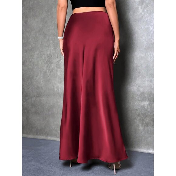 Women Wine Red Maxi Dressy Casual Zipped High Waisted Silk Elegant Long Skirt - Picture 6 of 7